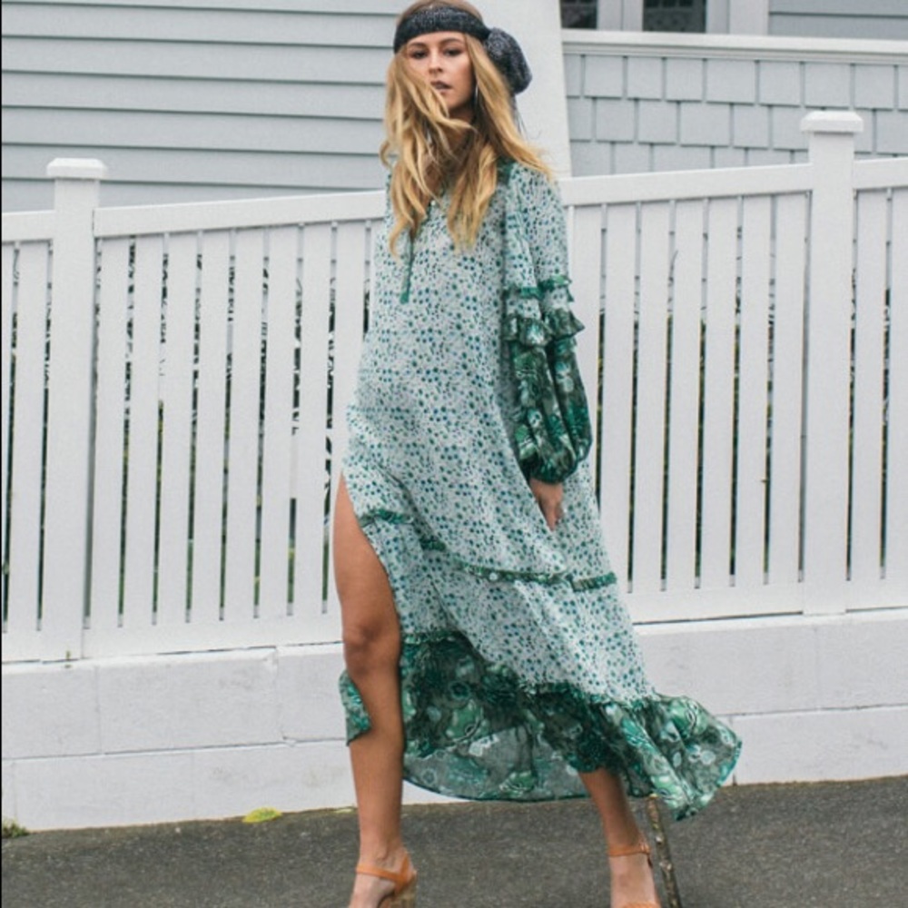 Spell Green Floral Maxi Dress with Dark Green Accents